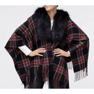 J Crew Faux Fur Cape Scarf Holiday Plaid Tartan OS NEW